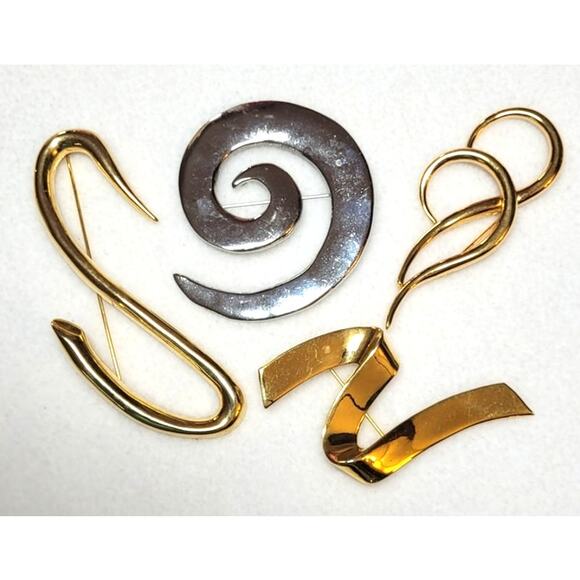 Vtg 80s Oversized Brooch 4 Pc Lot Abstract Mod Swirls Swish Goldtone Silvertone - Picture 1 of 7